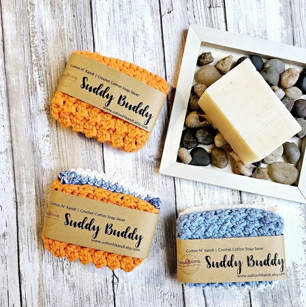 3 Suddy Buddy Soap Savers- Cotton N' Kandi, Handmade Crochet